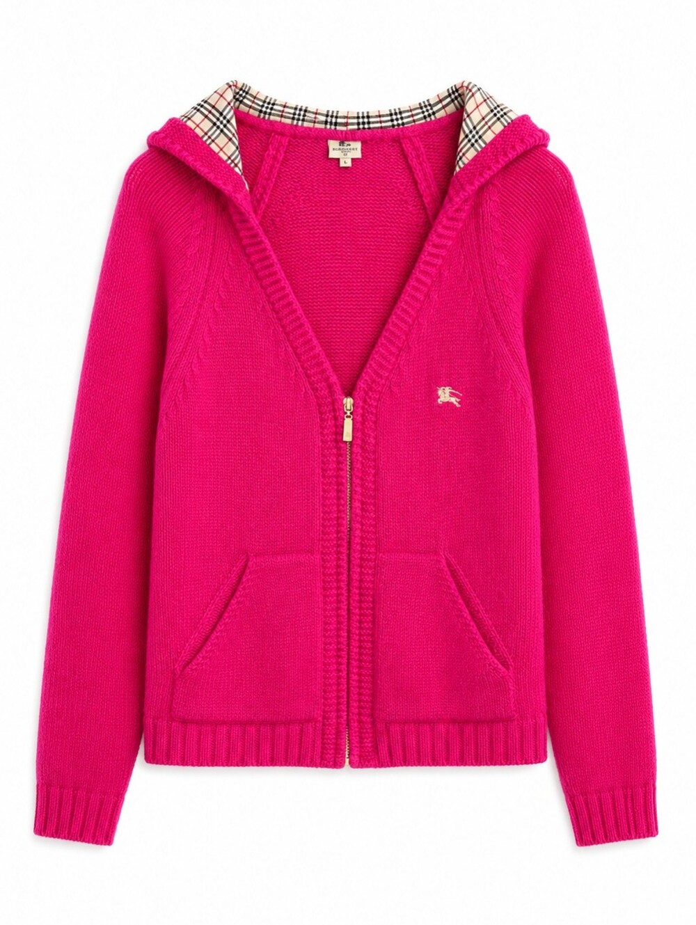 Vintage Burberry London Hot Pink Cotton Plaid Hooded Zip Sweater M, Heritage